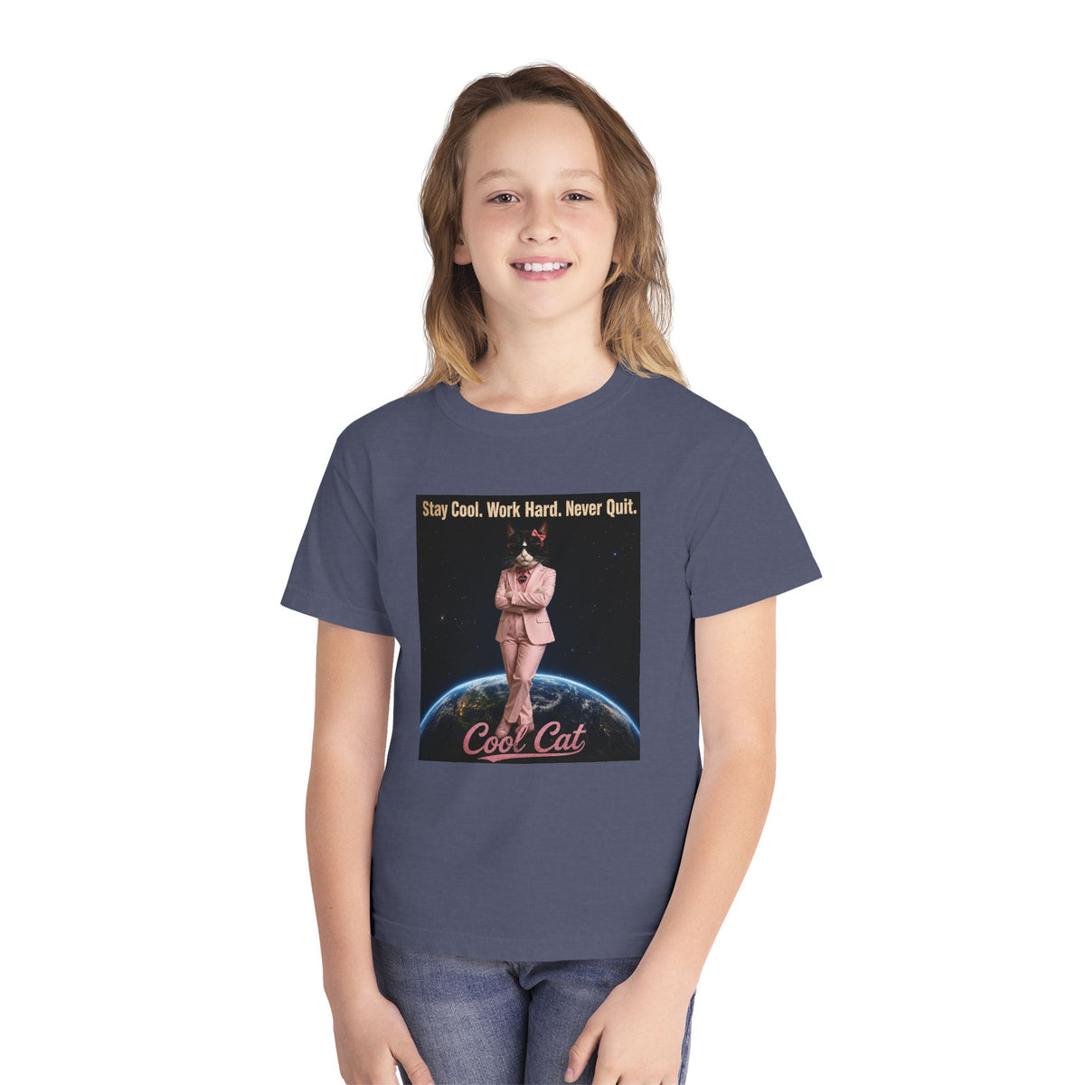 Cool Cat De Dee Standing on the Globe Youth Tee — 'Stay Cool. Work Hard. Never Quit.' Motivational Graphic Tee