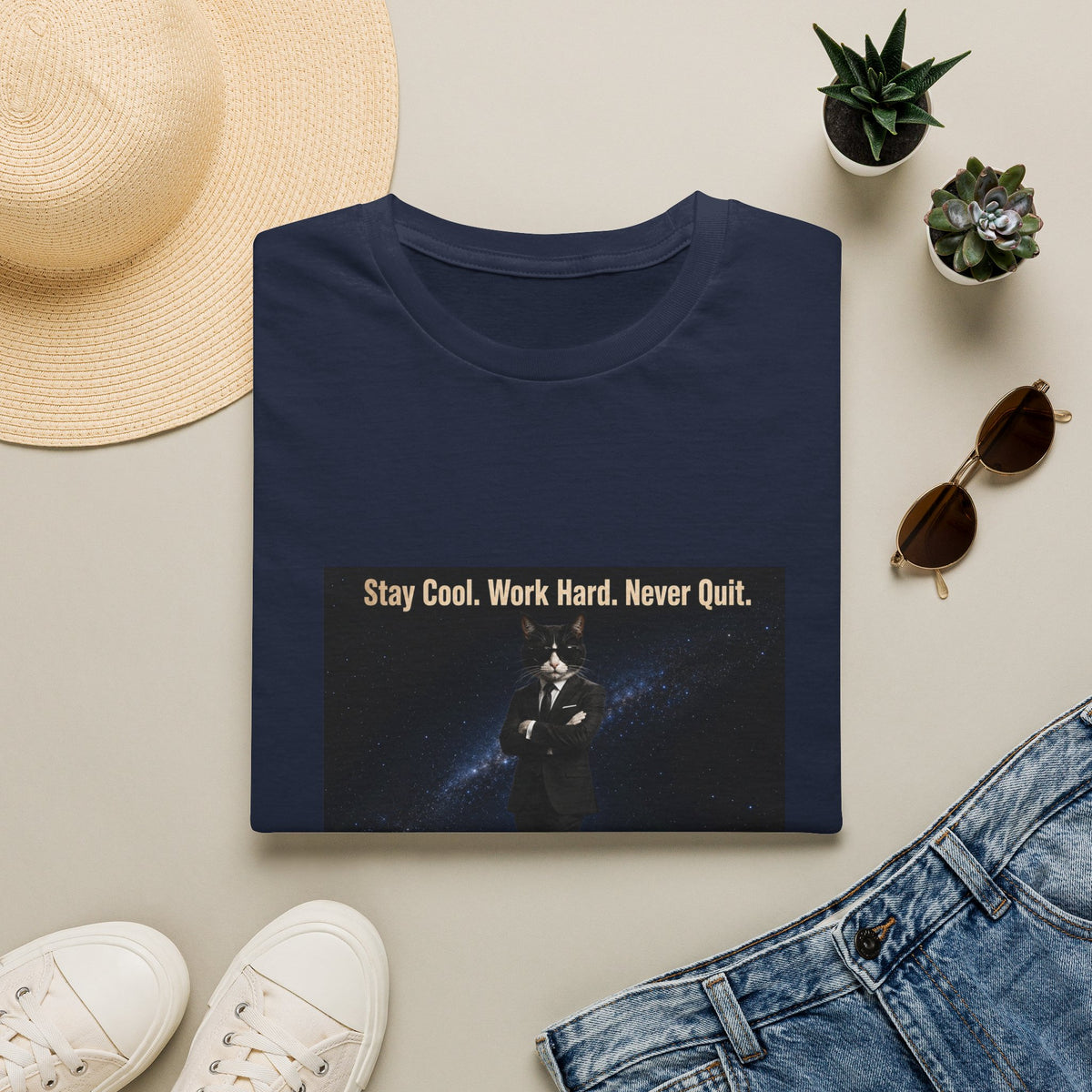 Cool Cat Motivational T-Shirt — "Stay Cool. Work Hard. Never Quit."