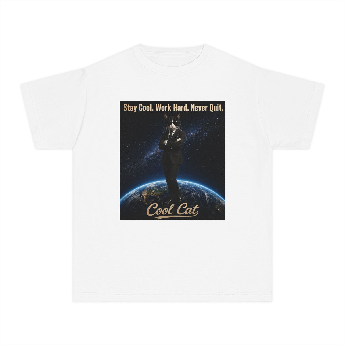 Cool Cat Youth Tee — "Stay Cool, Work Hard, Never Quit" Motivational Graphic Shirt