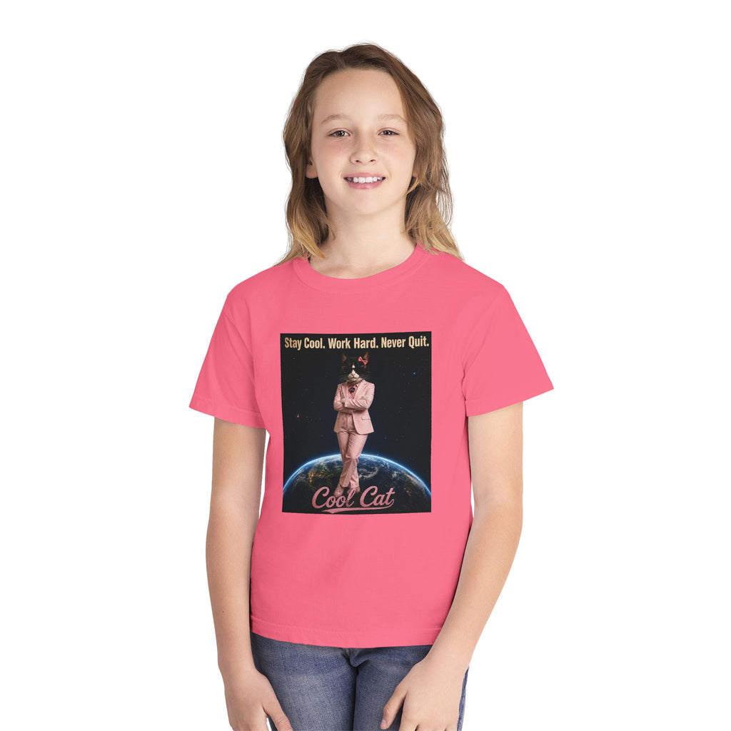 Cool Cat De Dee Standing on the Globe Youth Tee — 'Stay Cool. Work Hard. Never Quit.' Motivational Graphic Tee