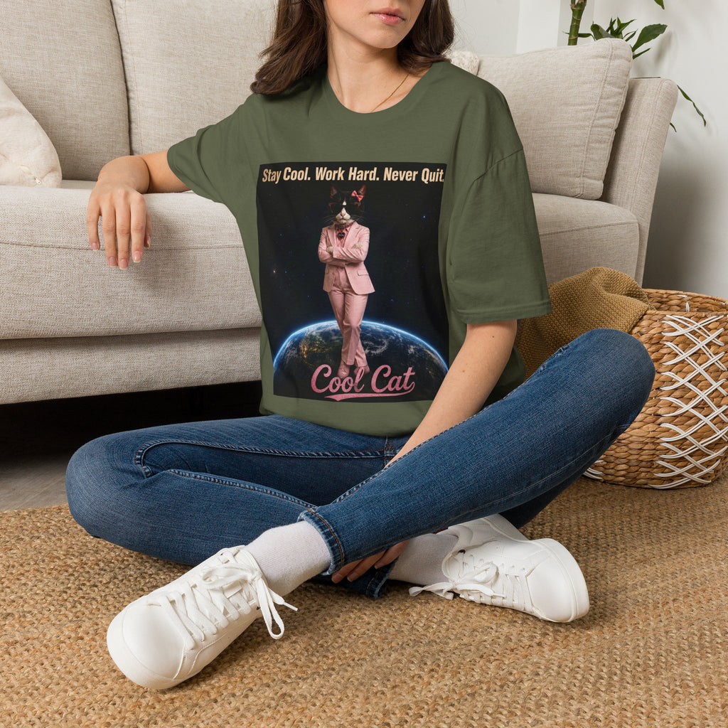 Cool Cat De Dee Standing on the Globe Motivational T-Shirt — "Stay Cool. Work Hard. Never Quit."