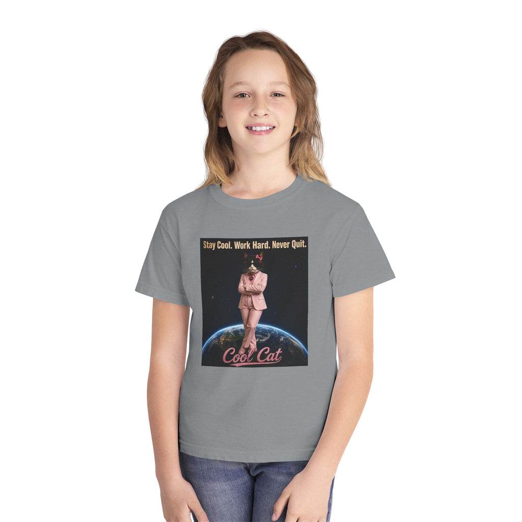 Cool Cat De Dee Standing on the Globe Youth Tee — 'Stay Cool. Work Hard. Never Quit.' Motivational Graphic Tee
