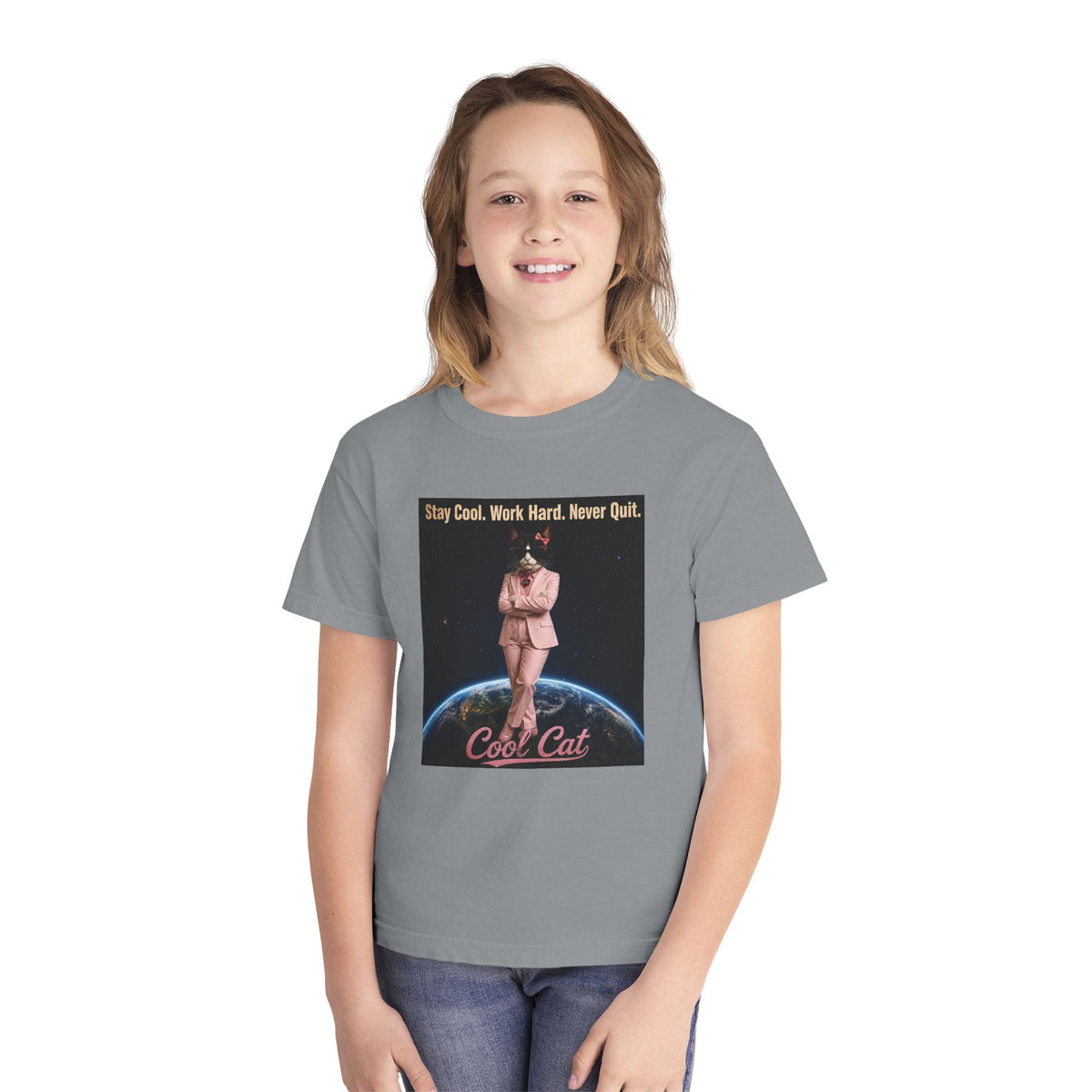 Cool Cat De Dee Standing on the Globe Youth Tee — 'Stay Cool. Work Hard. Never Quit.' Motivational Graphic Tee