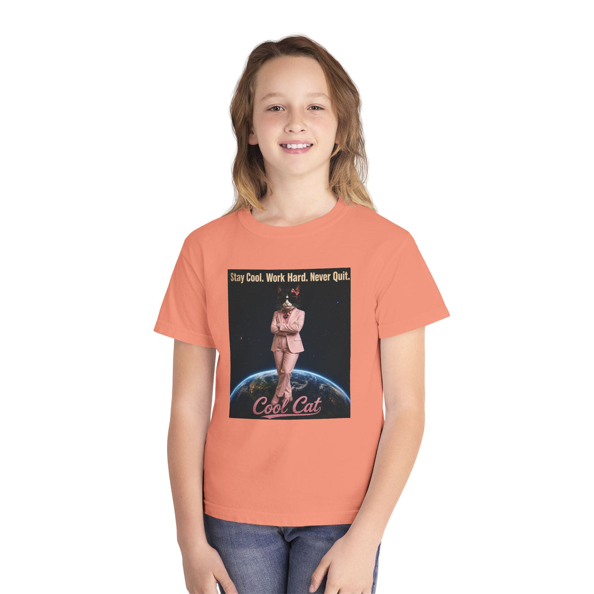 Cool Cat De Dee Standing on the Globe  Youth Tee — "Stay Cool, Work Hard, Never Quit" Motivational Graphic Shirt