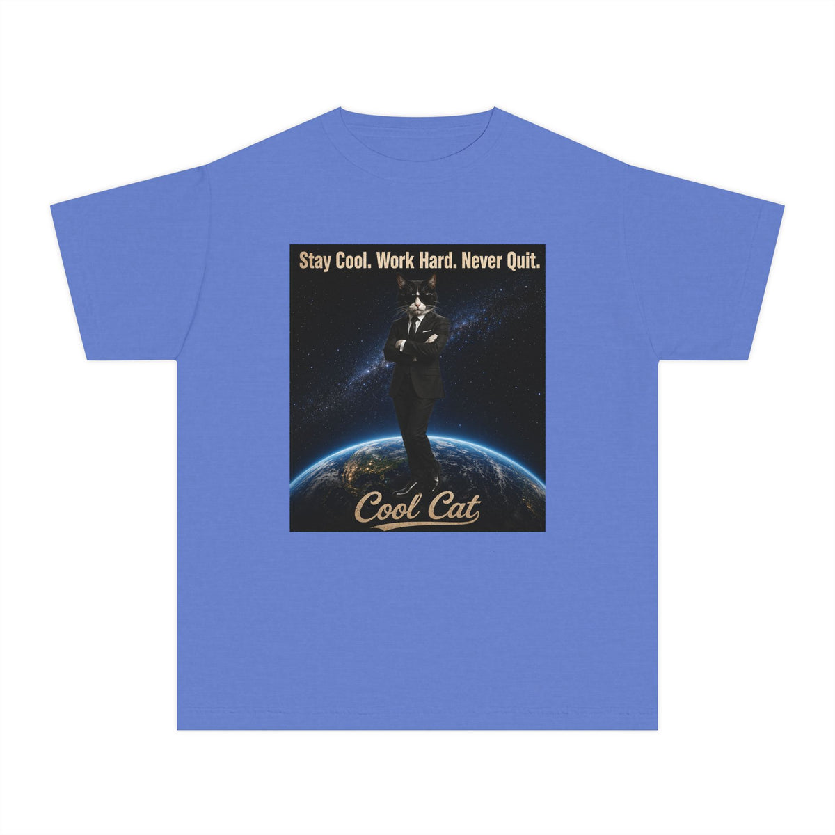 Cool Cat Youth Tee — "Stay Cool, Work Hard, Never Quit" Motivational Graphic Shirt