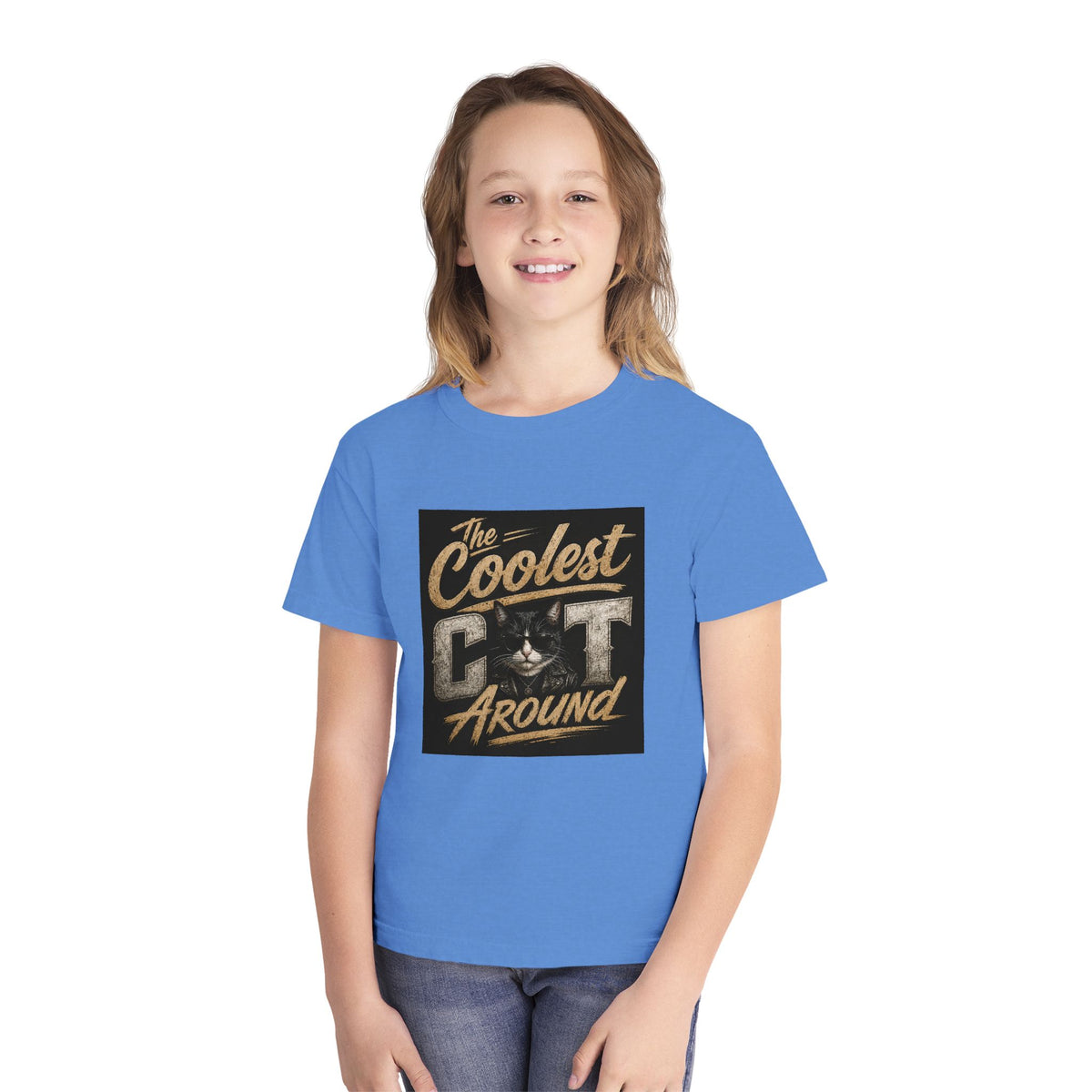 Youth Tee - "The Coolest Cat Around" Retro Graphic Cat Shirt