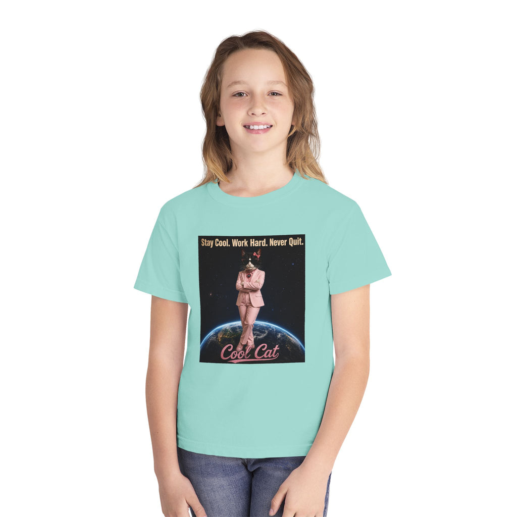 Cool Cat De Dee Standing on the Globe Youth Tee — 'Stay Cool. Work Hard. Never Quit.' Motivational Graphic Tee