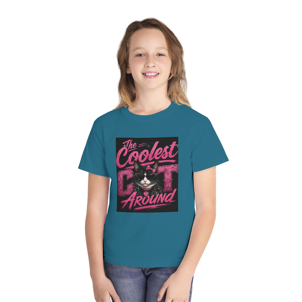 Youth Tee — "The Coolest Cat Around" Graphic Cat Shirt