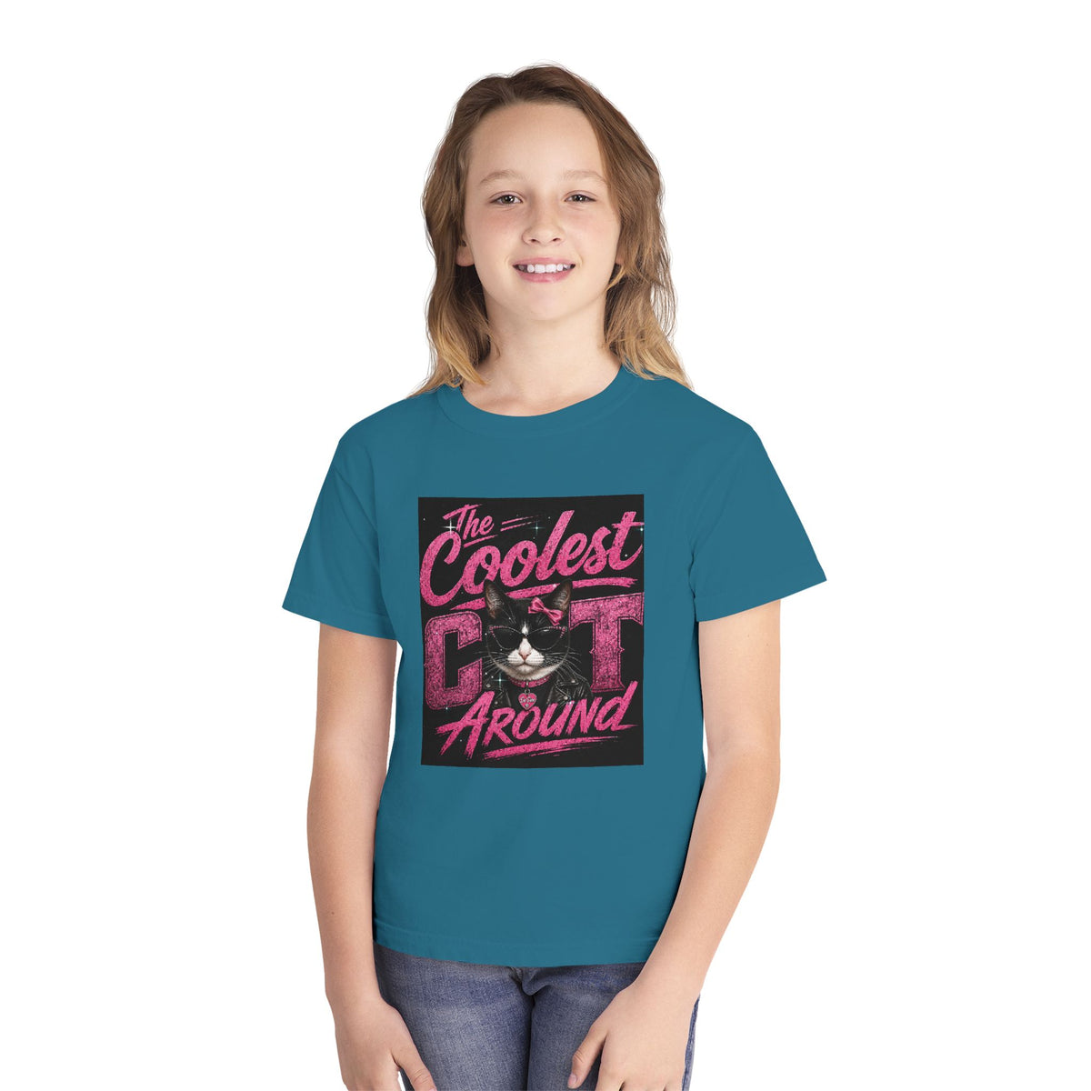 Youth Tee — "The Coolest Cat Around" Graphic Cat Shirt