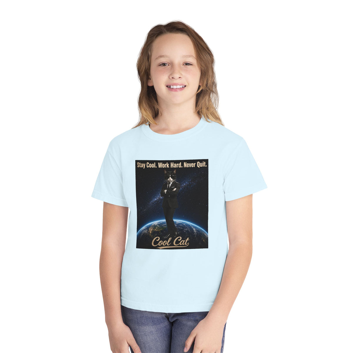 Cool Cat Youth Tee — "Stay Cool, Work Hard, Never Quit" Motivational Graphic Shirt
