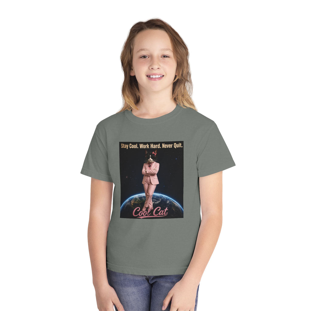 Cool Cat De Dee Standing on the Globe Youth Tee — 'Stay Cool. Work Hard. Never Quit.' Motivational Graphic Tee