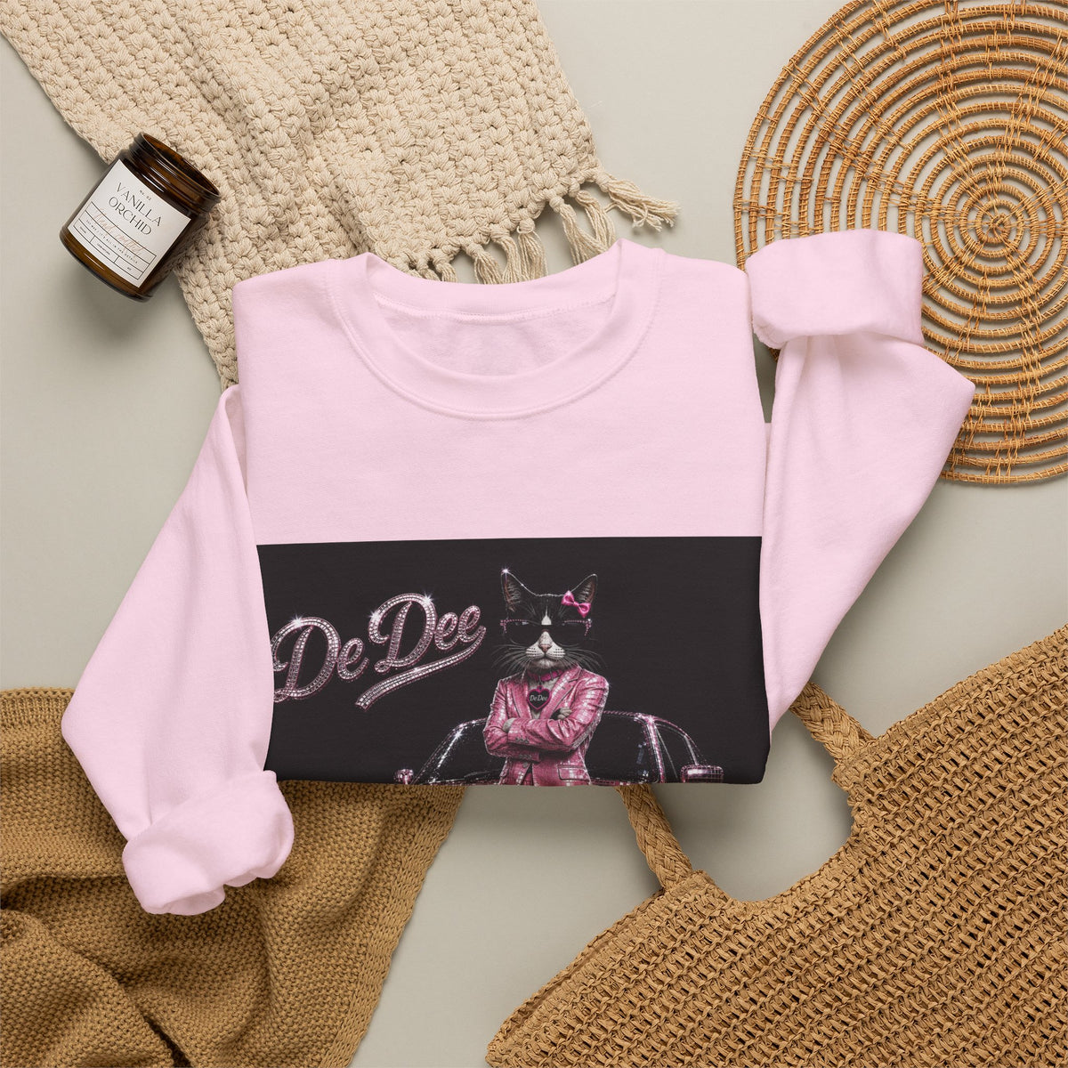 Cool Cat sparkles car Sweatshirt Pink DeDee— Retro Cat Graphic Crewneck