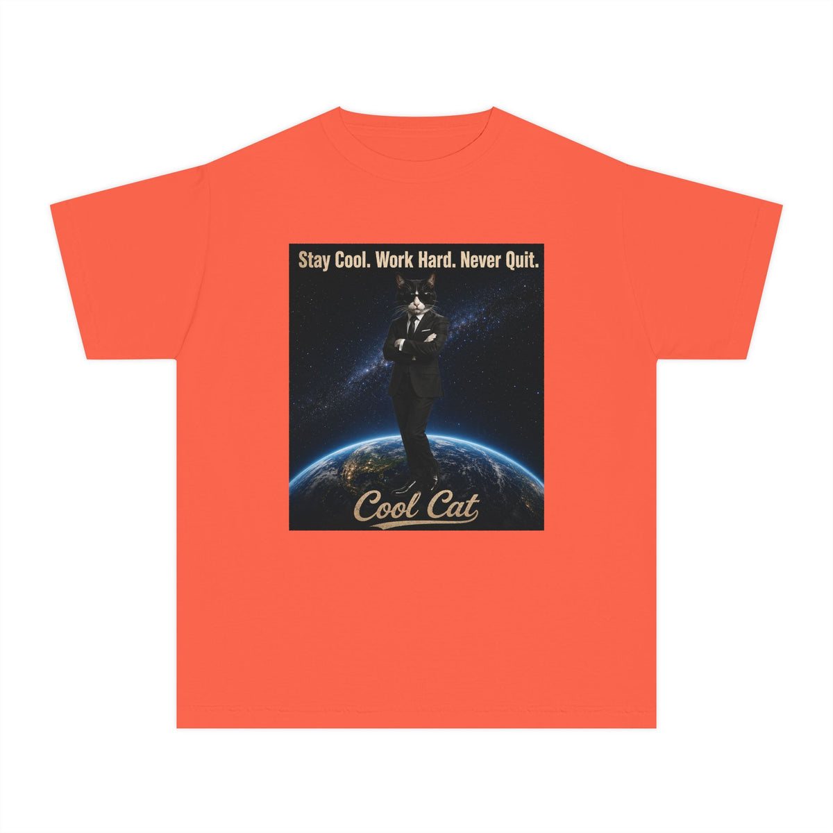 Cool Cat Youth Tee — "Stay Cool, Work Hard, Never Quit" Motivational Graphic Shirt