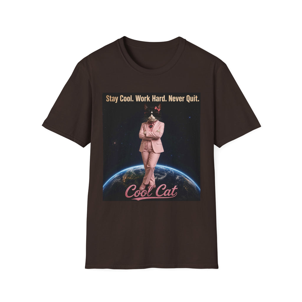 Cool Cat De Dee Standing on the Globe Motivational T-Shirt — "Stay Cool. Work Hard. Never Quit."