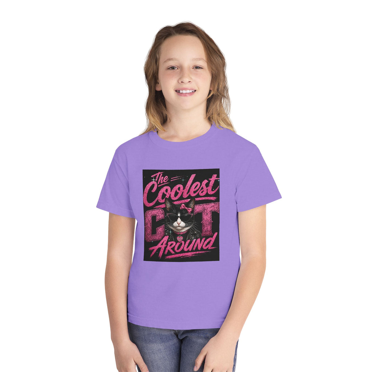 Youth Tee — "The Coolest Cat Around" Graphic Cat Shirt