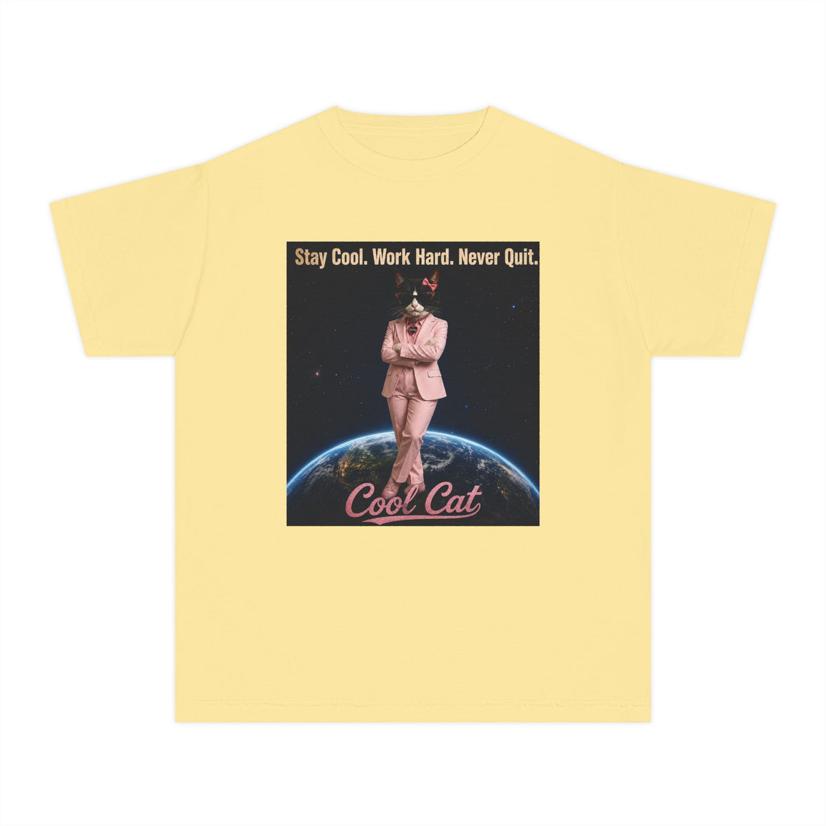 Cool Cat De Dee Standing on the Globe  Youth Tee — "Stay Cool, Work Hard, Never Quit" Motivational Graphic Shirt