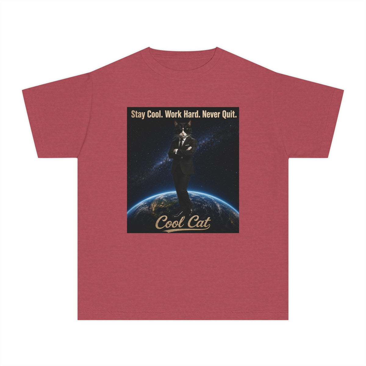 Cool Cat Youth Tee — "Stay Cool, Work Hard, Never Quit" Motivational Graphic Shirt