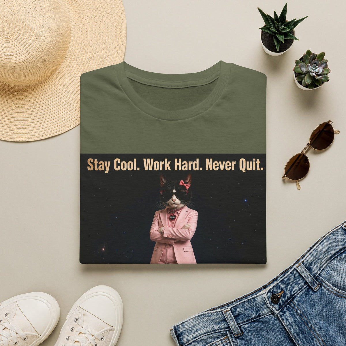 Cool Cat De Dee Standing on the Globe Motivational T-Shirt — "Stay Cool. Work Hard. Never Quit."