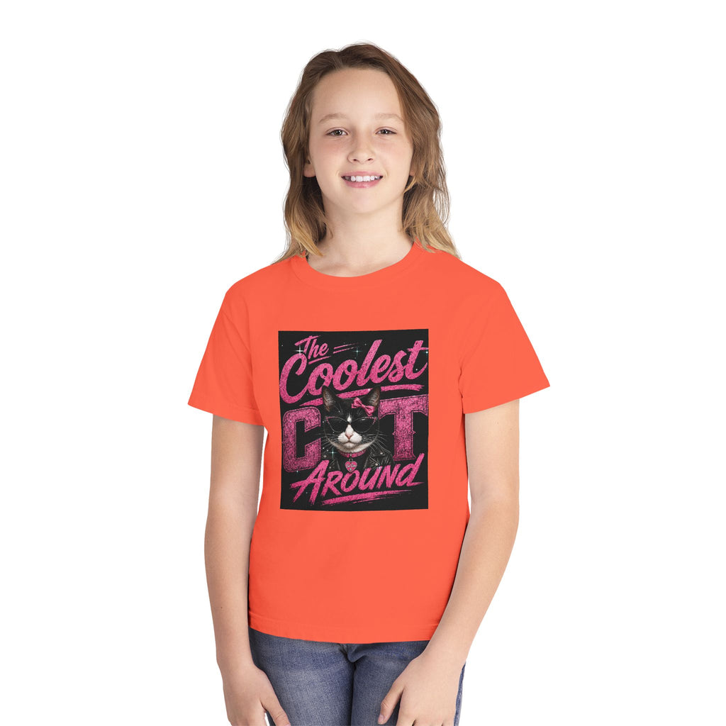 Youth Tee — "The Coolest Cat Around" Graphic Cat Shirt