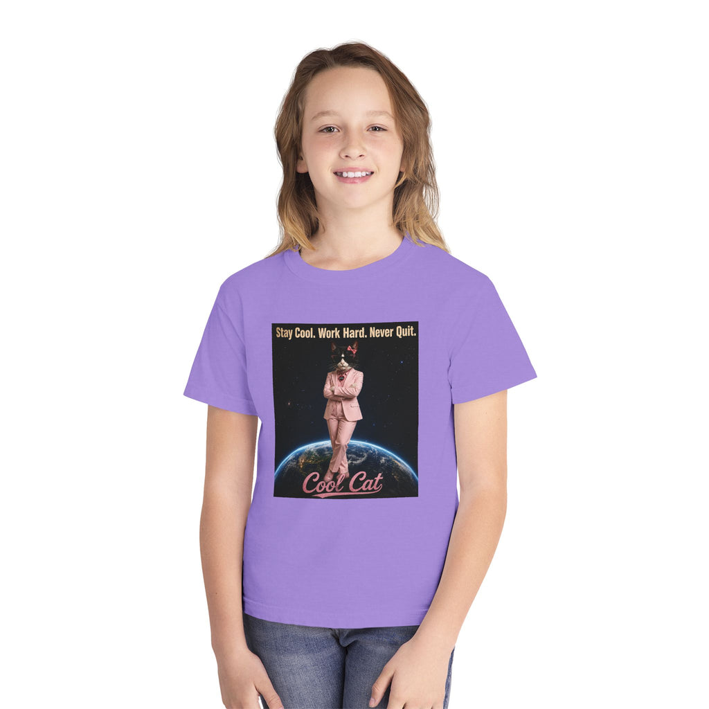 Cool Cat De Dee Standing on the Globe Youth Tee — 'Stay Cool. Work Hard. Never Quit.' Motivational Graphic Tee