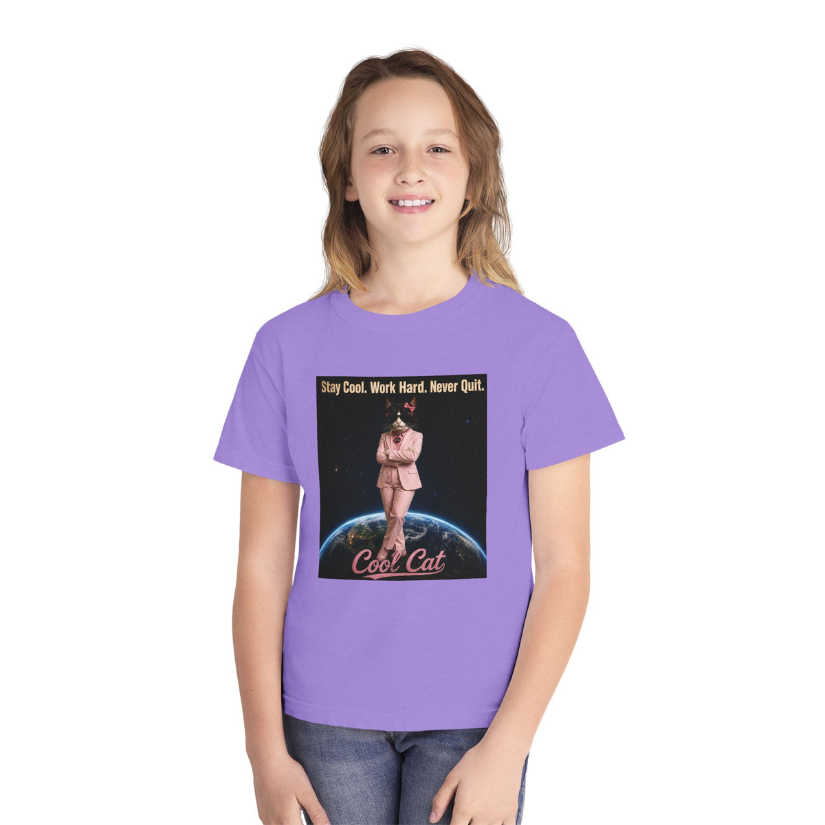 Cool Cat De Dee Standing on the Globe Youth Tee — 'Stay Cool. Work Hard. Never Quit.' Motivational Graphic Tee