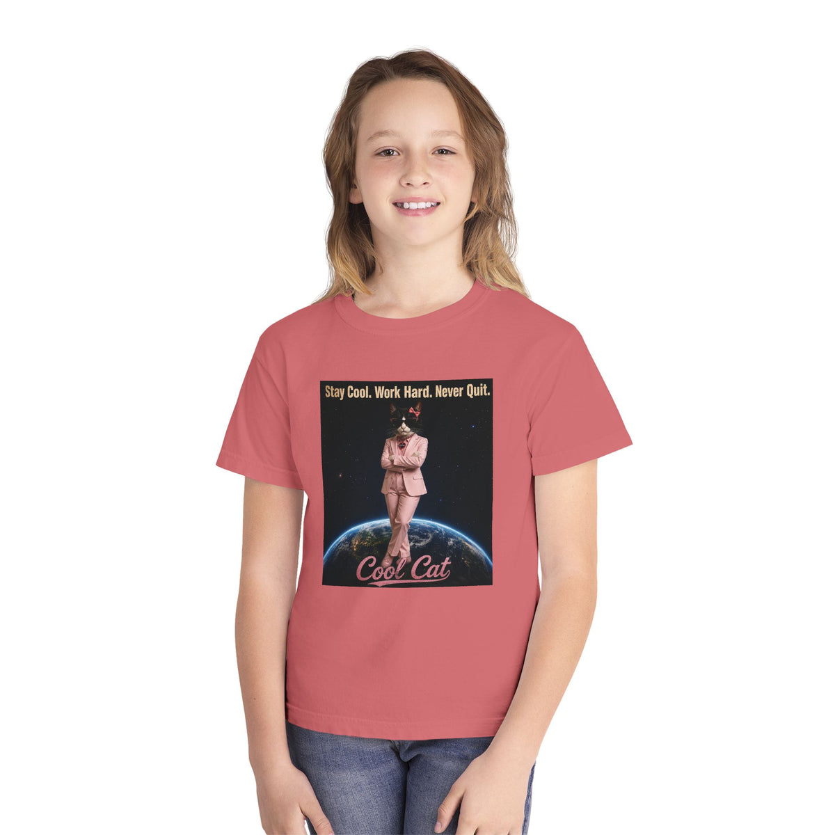 Cool Cat De Dee Standing on the Globe Youth Tee — 'Stay Cool. Work Hard. Never Quit.' Motivational Graphic Tee