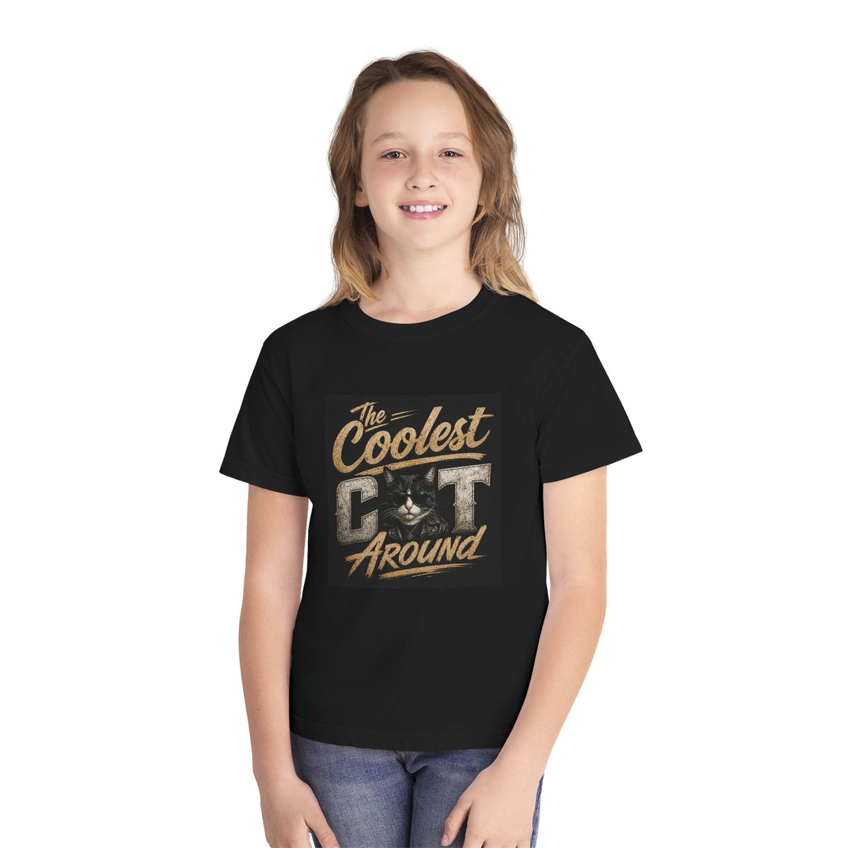 Youth Tee - "The Coolest Cat Around" Retro Graphic Cat Shirt