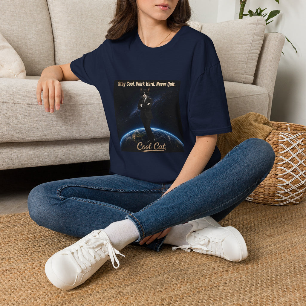 Cool Cat Motivational T-Shirt — "Stay Cool. Work Hard. Never Quit."