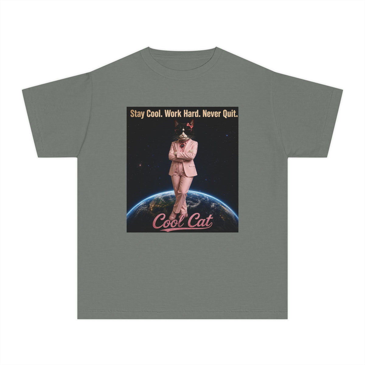 Cool Cat De Dee Standing on the Globe  Youth Tee — "Stay Cool, Work Hard, Never Quit" Motivational Graphic Shirt