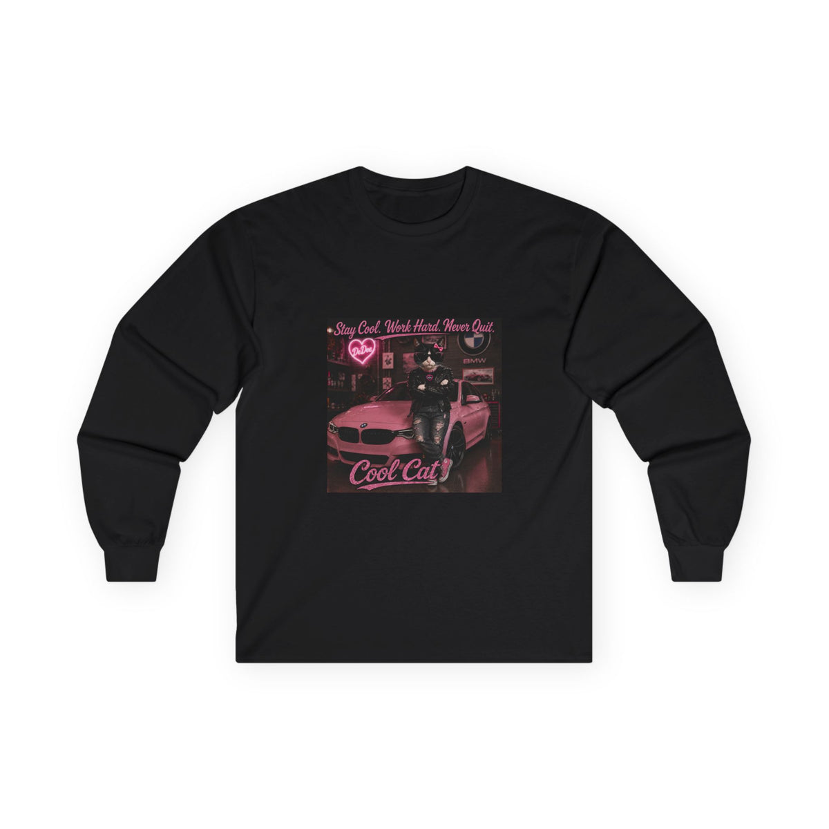 Cool Cat Long Sleeve Tee – "Stay Cool. Work Hard. Never Quit." Graphic Shirt