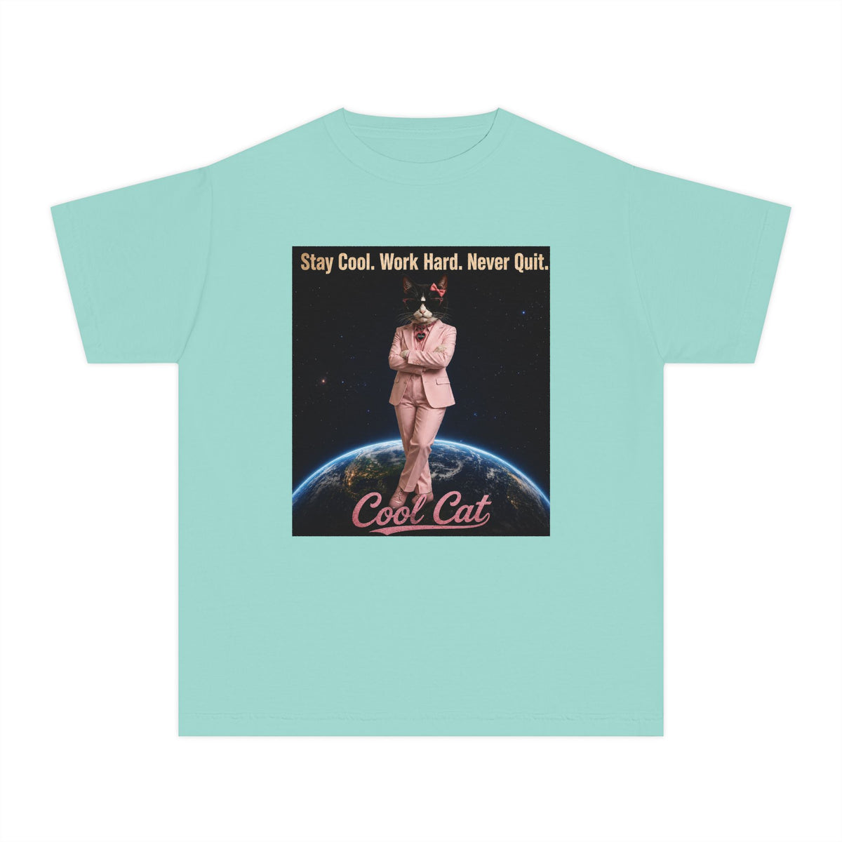 Cool Cat De Dee Standing on the Globe  Youth Tee — "Stay Cool, Work Hard, Never Quit" Motivational Graphic Shirt