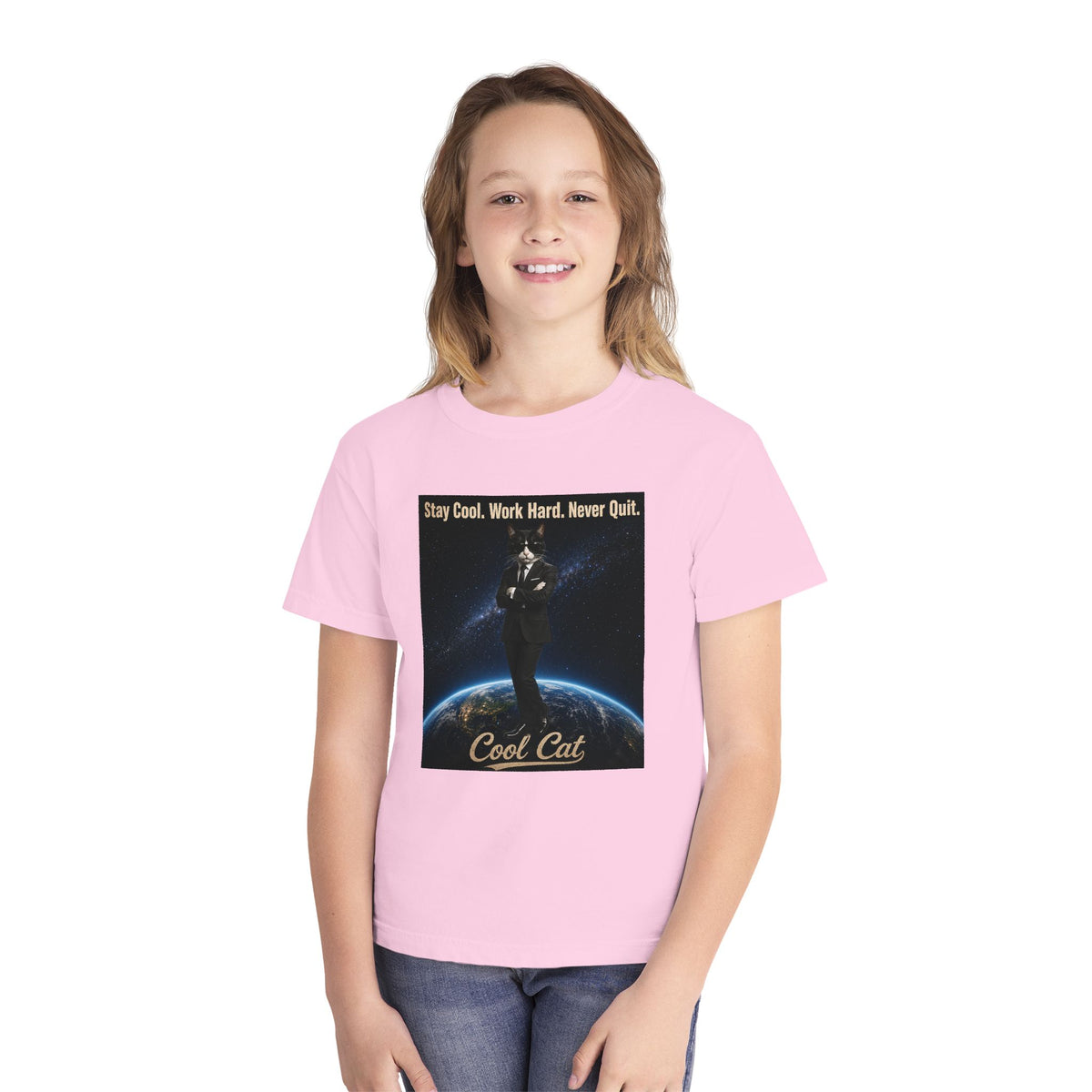 Cool Cat Youth Tee — "Stay Cool, Work Hard, Never Quit" Motivational Graphic Shirt