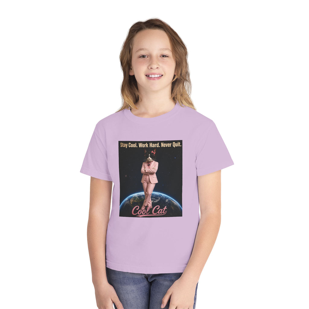 Cool Cat De Dee Standing on the Globe Youth Tee — 'Stay Cool. Work Hard. Never Quit.' Motivational Graphic Tee