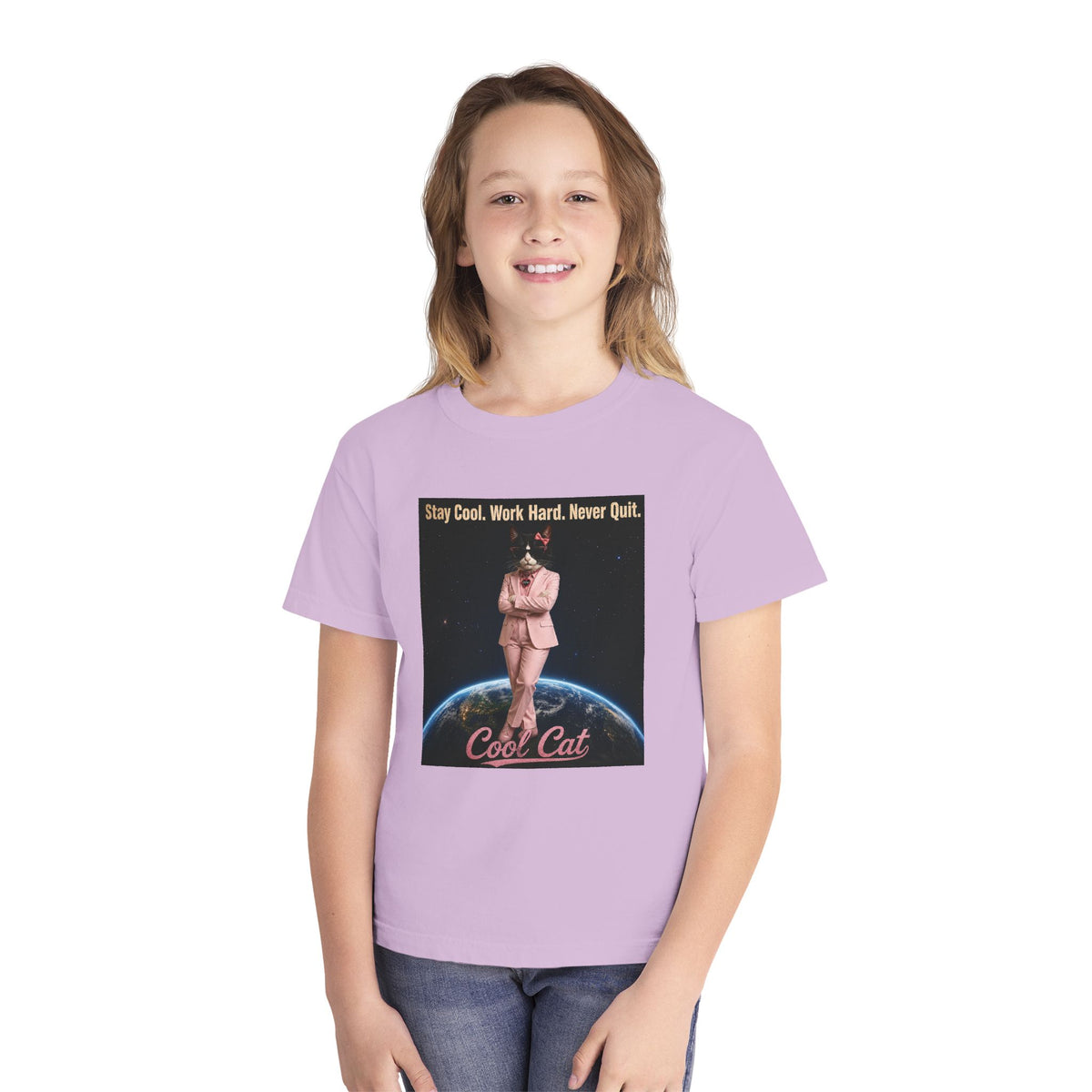 Cool Cat De Dee Standing on the Globe Youth Tee — 'Stay Cool. Work Hard. Never Quit.' Motivational Graphic Tee