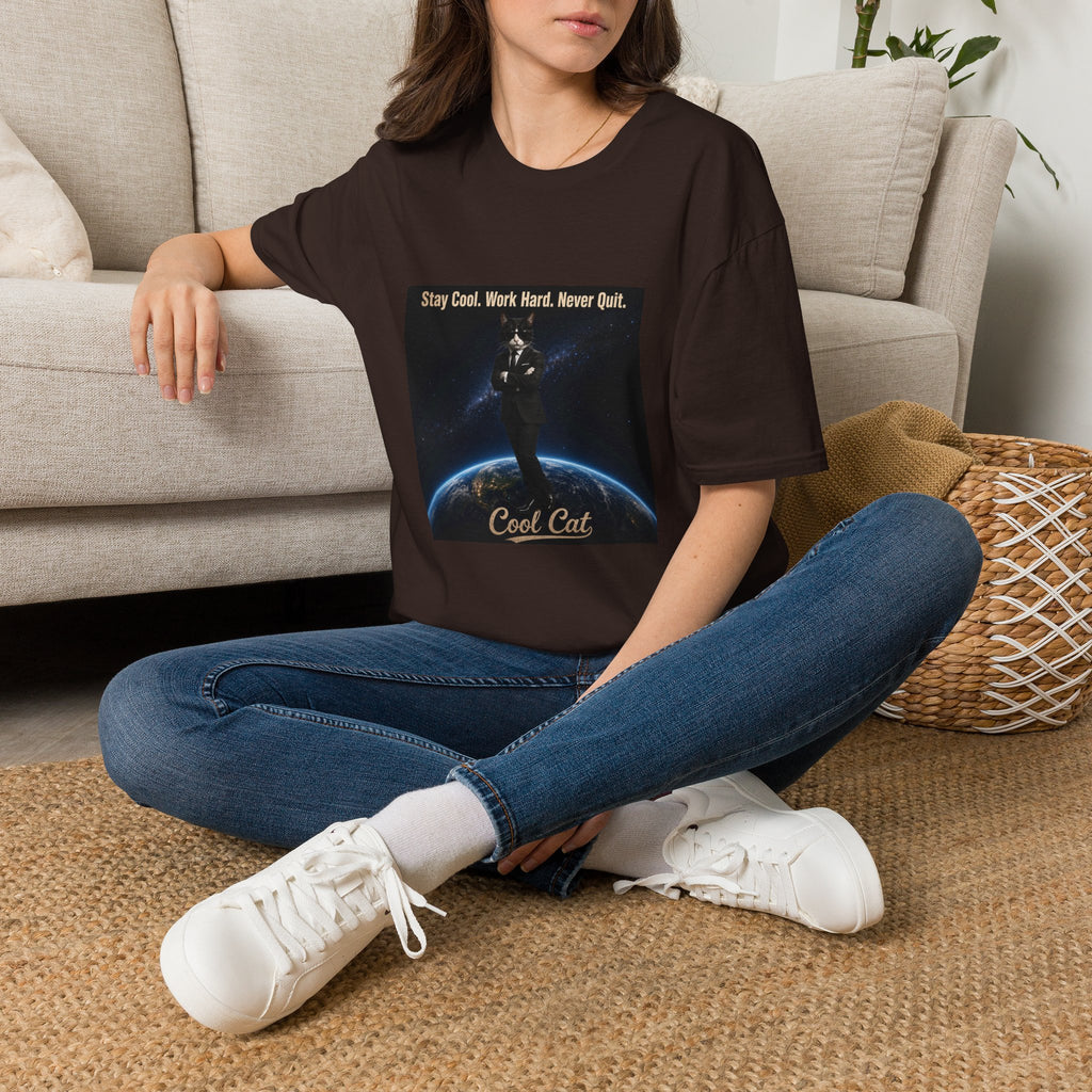 Cool Cat Motivational T-Shirt — "Stay Cool. Work Hard. Never Quit."