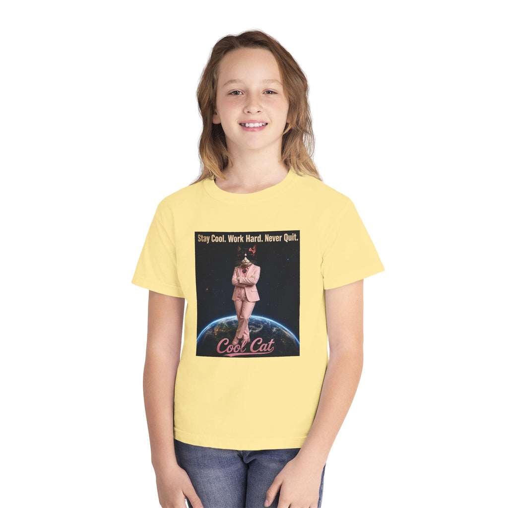 Cool Cat De Dee Standing on the Globe Youth Tee — 'Stay Cool. Work Hard. Never Quit.' Motivational Graphic Tee