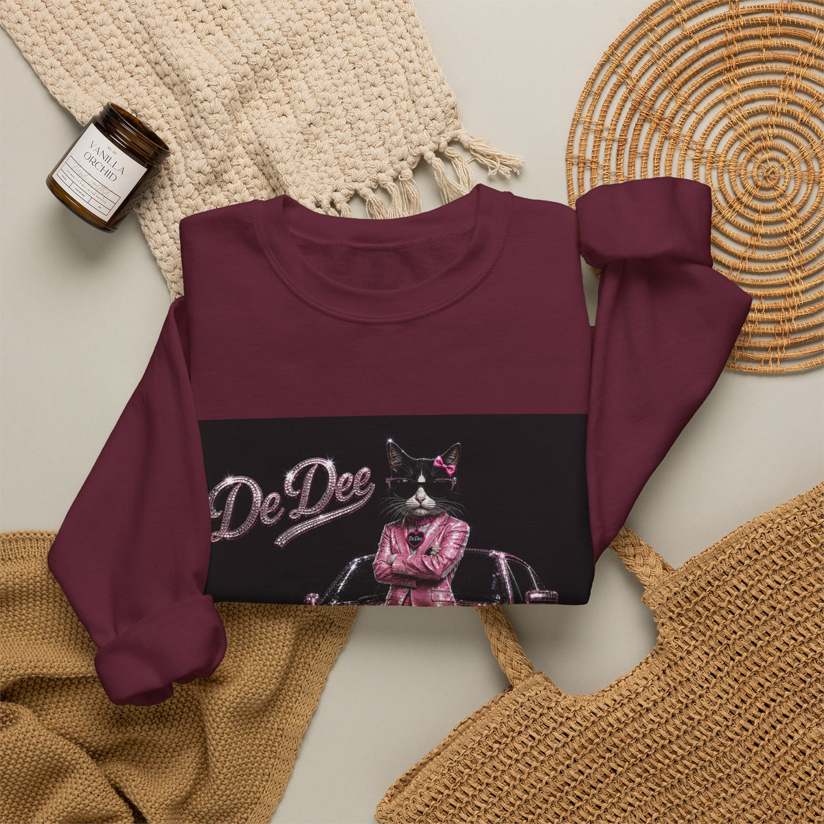 Cool Cat sparkles car Sweatshirt Pink DeDee— Retro Cat Graphic Crewneck