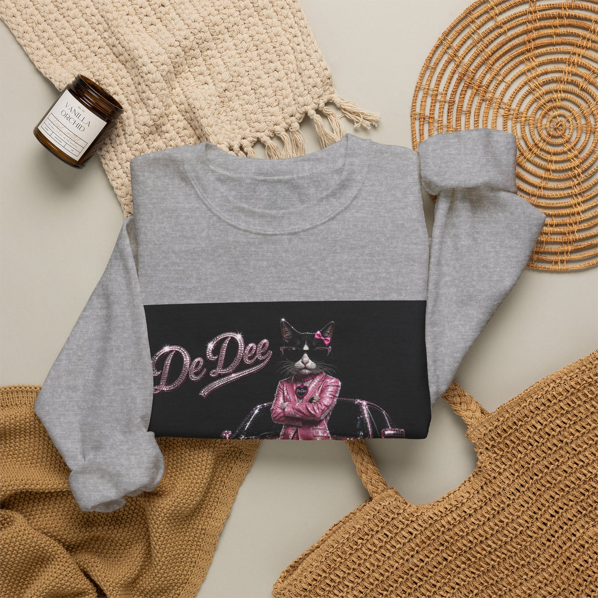 Cool Cat sparkles car Sweatshirt Pink DeDee— Retro Cat Graphic Crewneck