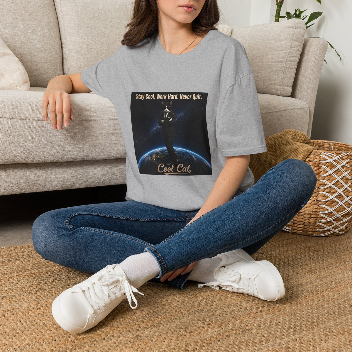 Cool Cat Motivational T-Shirt — "Stay Cool. Work Hard. Never Quit."