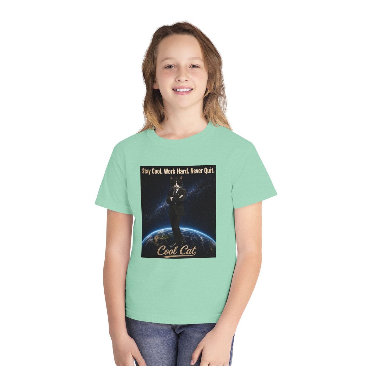 Cool Cat Youth Tee — "Stay Cool, Work Hard, Never Quit" Motivational Graphic Shirt