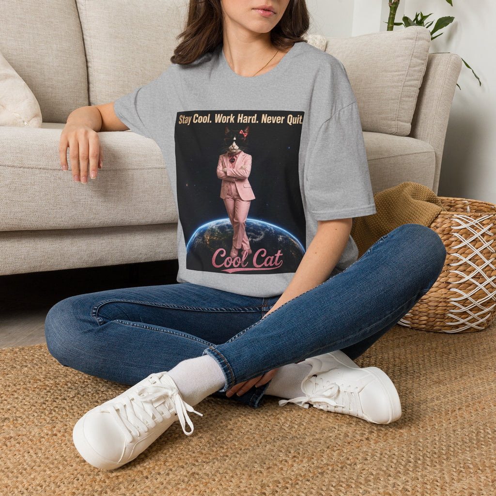 Cool Cat De Dee Standing on the Globe Motivational T-Shirt — "Stay Cool. Work Hard. Never Quit."