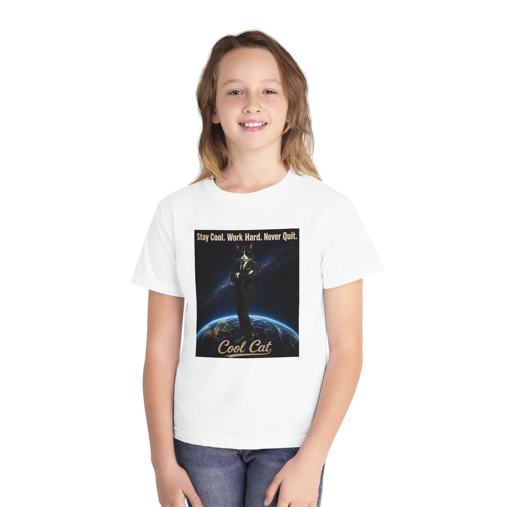 Cool Cat Youth Tee — "Stay Cool, Work Hard, Never Quit" Motivational Graphic Shirt