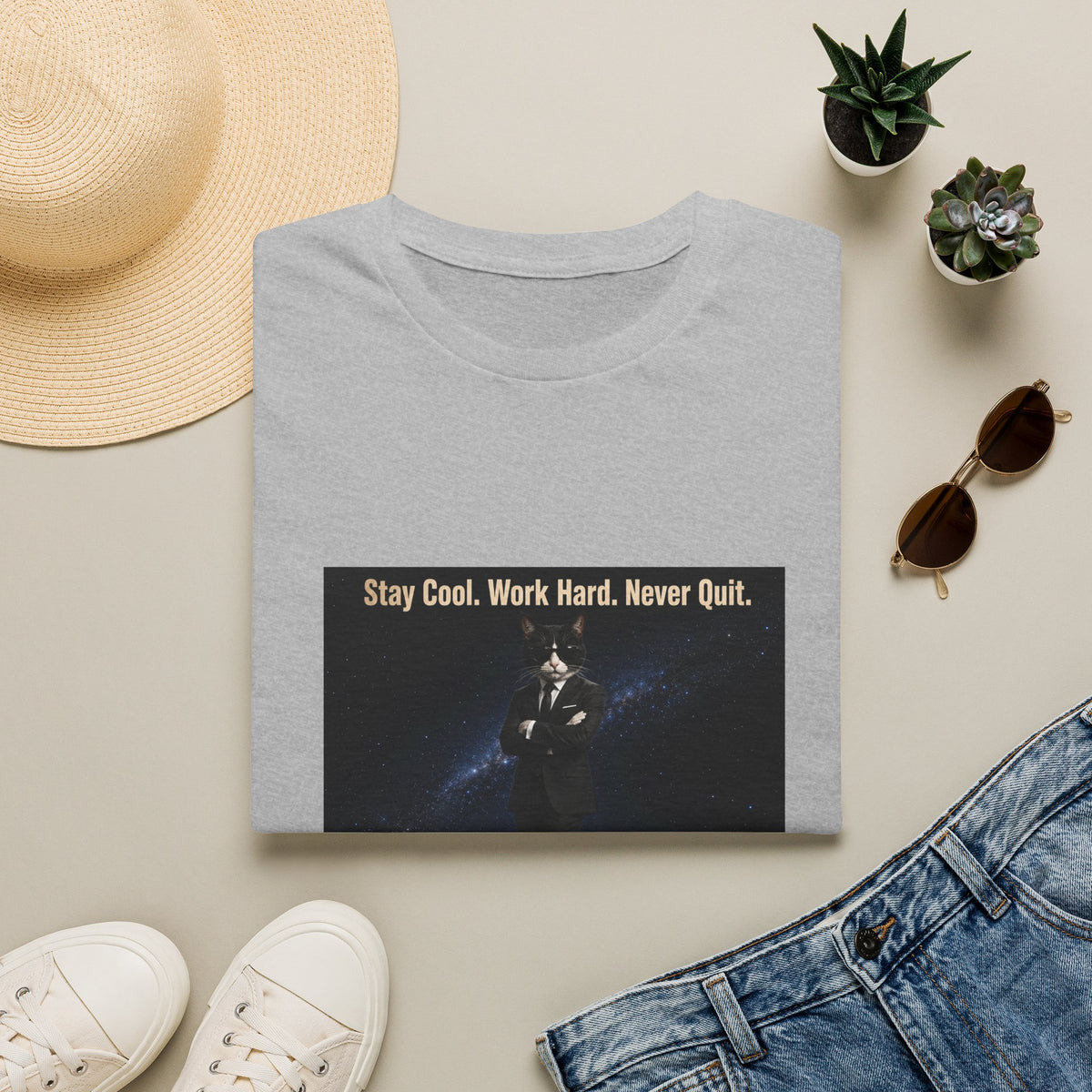 Cool Cat Motivational T-Shirt — "Stay Cool. Work Hard. Never Quit."