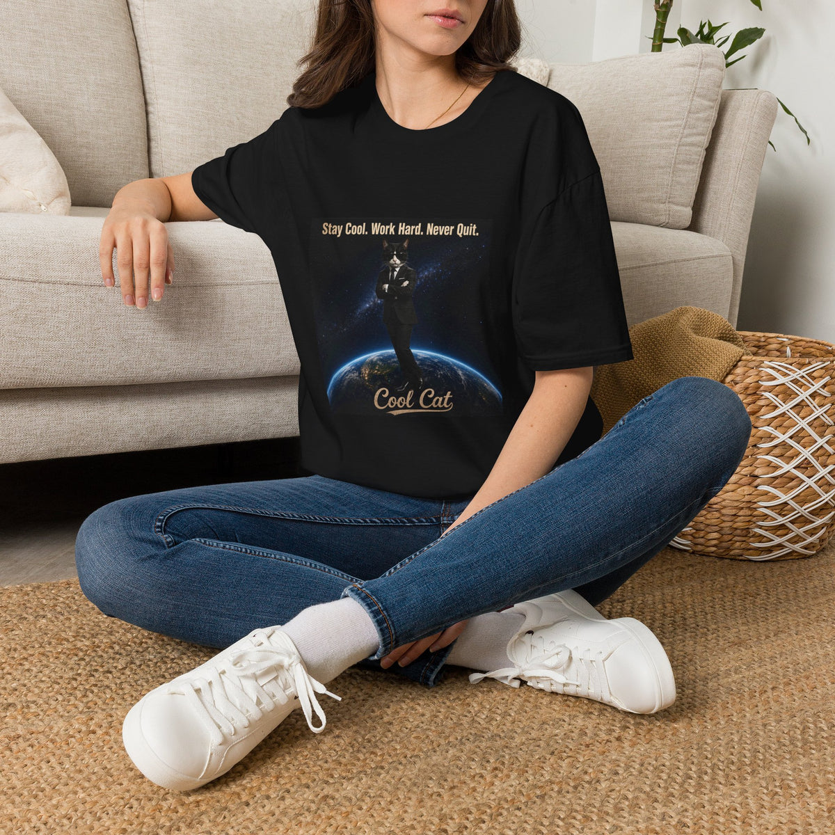 Cool Cat Motivational T-Shirt — "Stay Cool. Work Hard. Never Quit."