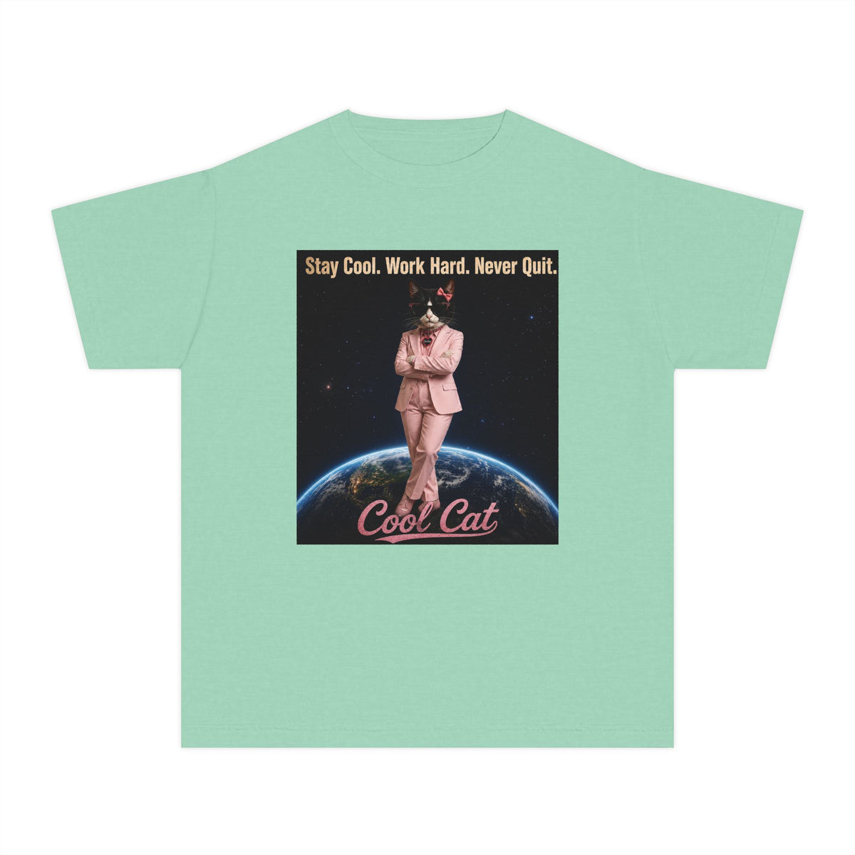 Cool Cat De Dee Standing on the Globe  Youth Tee — "Stay Cool, Work Hard, Never Quit" Motivational Graphic Shirt