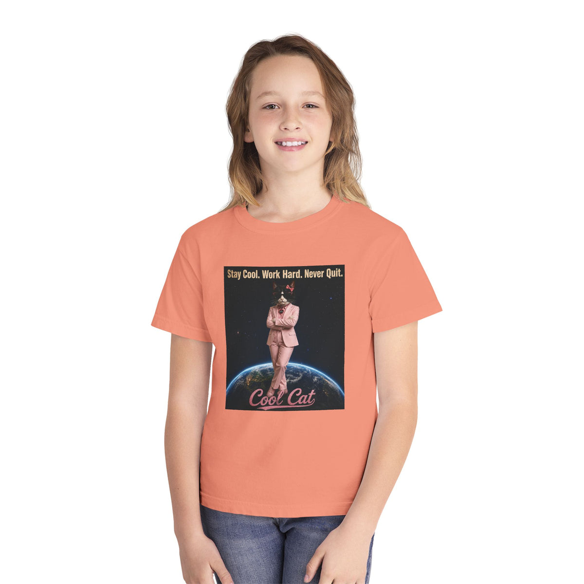 Cool Cat De Dee Standing on the Globe Youth Tee — 'Stay Cool. Work Hard. Never Quit.' Motivational Graphic Tee