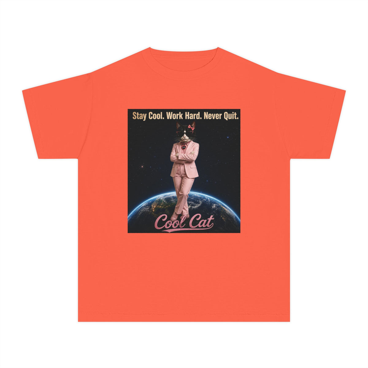Cool Cat De Dee Standing on the Globe Youth Tee — 'Stay Cool. Work Hard. Never Quit.' Motivational Graphic Tee