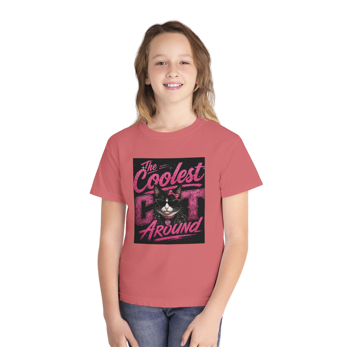 Youth Tee — "The Coolest Cat Around" Graphic Cat Shirt