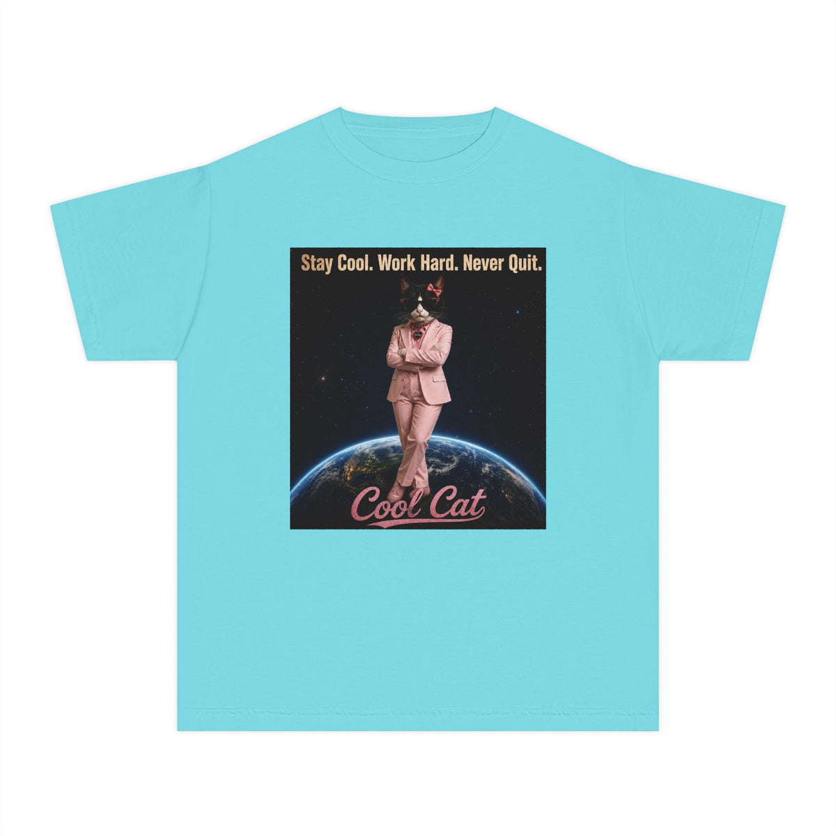 Cool Cat De Dee Standing on the Globe Youth Tee — 'Stay Cool. Work Hard. Never Quit.' Motivational Graphic Tee