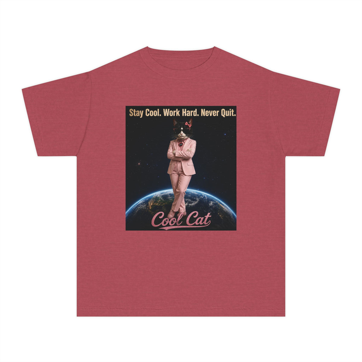 Cool Cat De Dee Standing on the Globe  Youth Tee — "Stay Cool, Work Hard, Never Quit" Motivational Graphic Shirt
